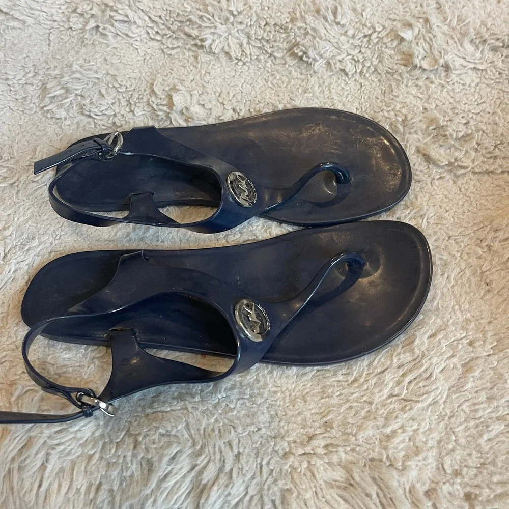 Michael Kors black Jelly Sandals Silver MK Logo Thong Slingback 7M RD15L